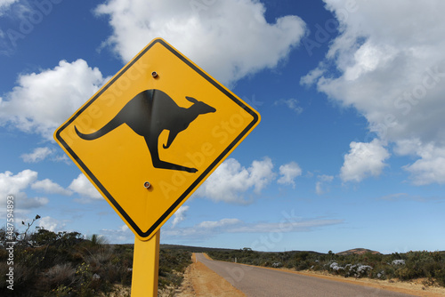 Kangaroo road sign on outback road, WA, Australia