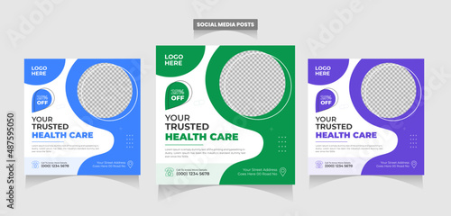 Full Set of Creative medical social media post template. Abstract blue wave shape frame with place for the photo. Usable for social media banner ads, website, flyers, and banners