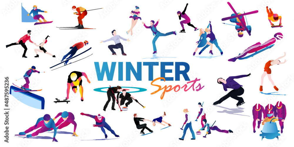 Set of winter sports in flat style isolated on white background