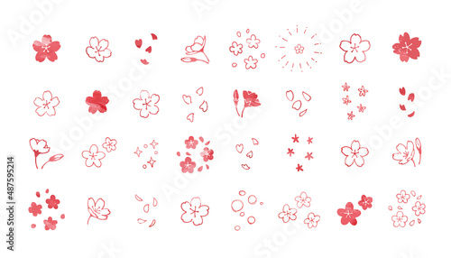 シンプルでかわいい手描きの桜 春の装飾イラストセット 和風 花びら