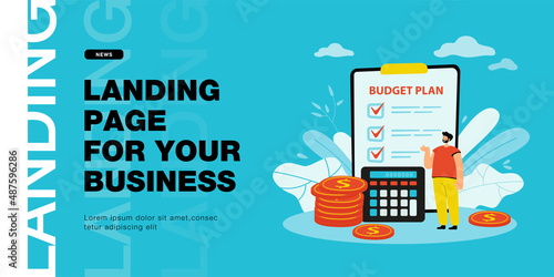 Tiny cartoon man with budget plan on clipboard and calculator. Businessman planning company budget, managing taxes flat vector illustration. Finances, financial management concept for banner