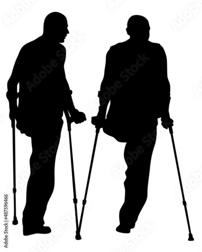 Disabled man walk down the street. Isolated silhouettes on white background