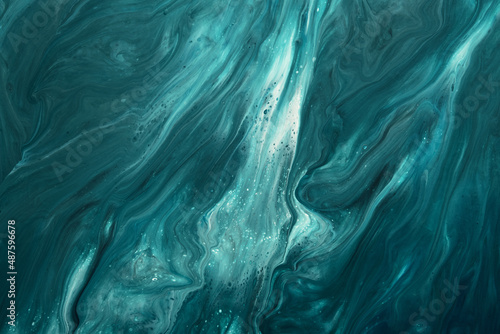 Fototapeta Naklejka Na Ścianę i Meble -  Fluid Art. Liquid dark turquoise abstract drips and wave. Marble effect background or texture