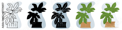A homemade potted plant. A veined five-fingered leaf. Vector icon, contour, silhouette, glyph, flat simple and complicated, abstract background with gradient, isolated