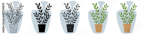 A homemade potted plant. Branches with small leaves. Vector icon, contour, silhouette, glyph, flat simple and complicated, abstract background with gradient, isolated