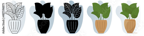 A homemade potted plant. Vertical large dense leaves. Vector icon, contour, silhouette, glyph, flat simple and complicated, abstract background with gradient, isolated