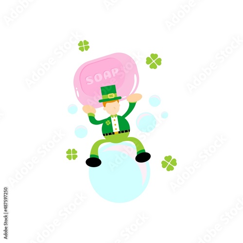 green leprechaun and soap sanitizer hygene cartoon flat design illustration