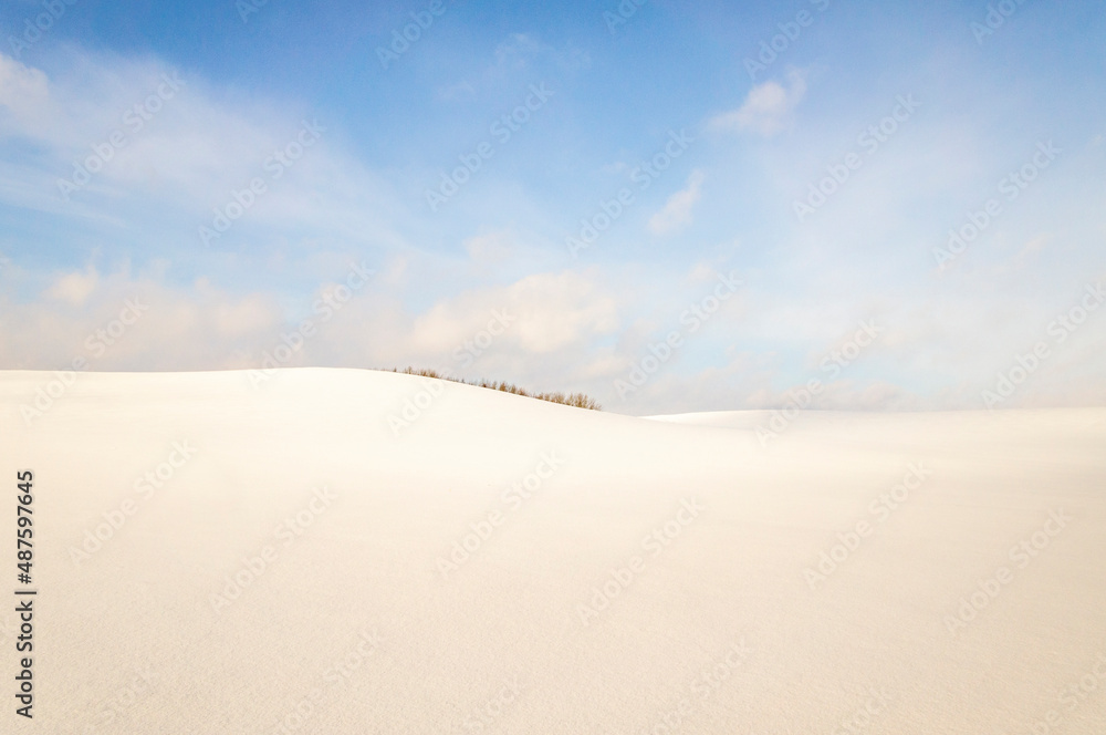 Beautiful empty winter landscape. White plains, fields and meadows on a frosty sunny day. Calm polar background for design and tourist advertising