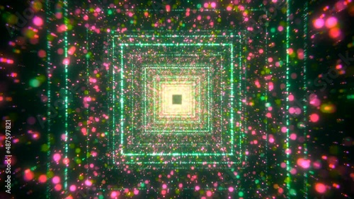 Hypnotic tunnel of neon squares and particles. Motion. Glowing tunnel with lots of particles and squares. Repeating squares creating glowing tunnel photo