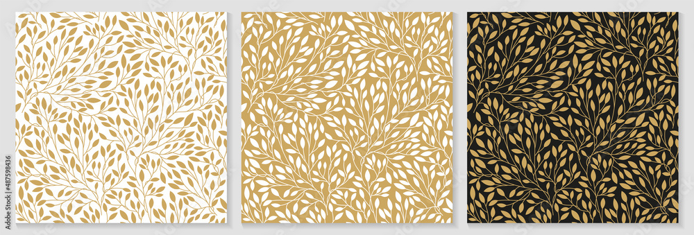 Luxury floral pattern with gold leaves on a white background. Vector illustration with plant elements in line art style for covers, advertisements, wedding invitations, cards, wallpapers