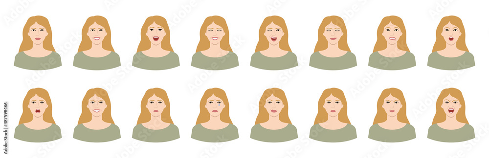 Set of white blonde woman emotions. Variations of female facial expressions. Smile, happy, surprised, sad, dissatisfied, angry, terrified emotions. Flat vector character isolated on white. Set of white blonde woman emotions. Variations of female facial expressions. Smile, happy, surprised, sad, dissatisfied, angry, terrified emotions. Flat vector character isolated on white.