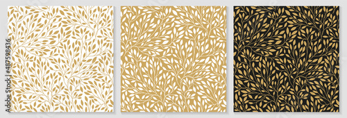 Luxury floral pattern with gold leaves on a white background. Vector illustration with plant elements in line art style for covers, advertisements, wedding invitations, cards, wallpapers
