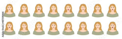 Set of white blonde woman emotions. Variations of female facial expressions. Smile, happy, surprised, sad, dissatisfied, angry, terrified emotions. Flat vector character isolated on white.