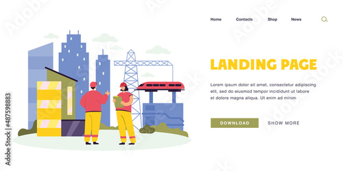 Cartoon engineers working on railway construction. Building railroad, industrial management flat vector illustration. Civil infrastructure or engineering, industry concept for banner, website design