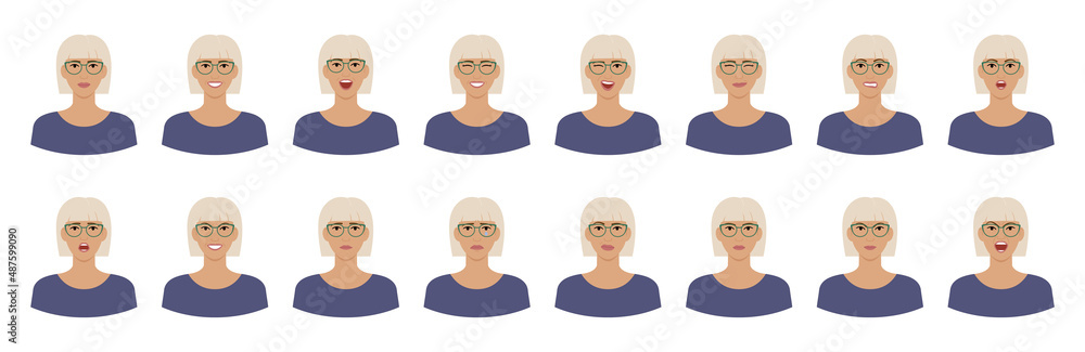 Set of emotions of woman with short dyed hair. Variations of female facial expressions. Smile, happy, cheerful, surprised, sad, dissatisfied, angry, terrified emotions. Flat vector character. Set of emotions of woman with short dyed hair. Variations of female facial expressions. Smile, happy, cheerful, surprised, sad, dissatisfied, angry, terrified emotions. Flat vector character.