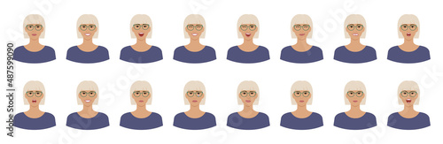 Set of emotions of woman with short dyed hair. Variations of female facial expressions. Smile, happy, cheerful, surprised, sad, dissatisfied, angry, terrified emotions. Flat vector character.