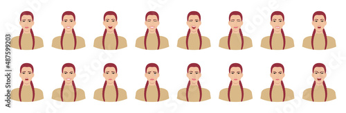 Set of white pink-haired woman emotions. Variations of female facial expressions. Smile, happy, cheerful, surprised, sad, dissatisfied, angry, terrified emotions. Flat vector character.