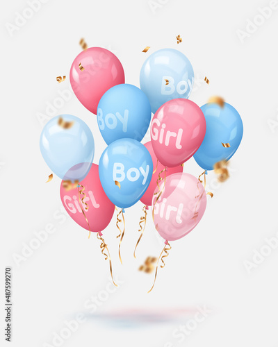 Bouquet, bunch of realistic pink and blue balloons with text boy, girl, gold ribbons. Vector illustration for card, gender reveal party, design, flyer, poster, decor, banner, web, advertising. 