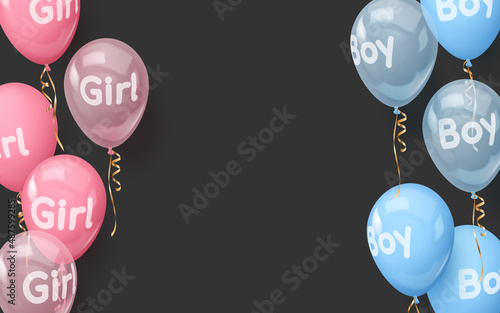 Concept for banner for gender reveal party with realistic pink and blue balloons with text boy, girl, gold ribbons. Vector illustration for card, , design, flyer, poster, banner, web, advertising. 