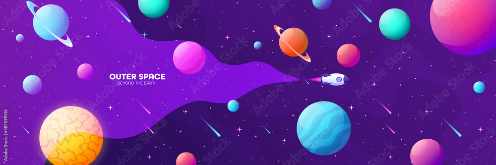 Space futuristic modern colorful background with rocket. Starship, spaceship in night sky. Solar system, galaxy and universe exploration. Vector illustration.