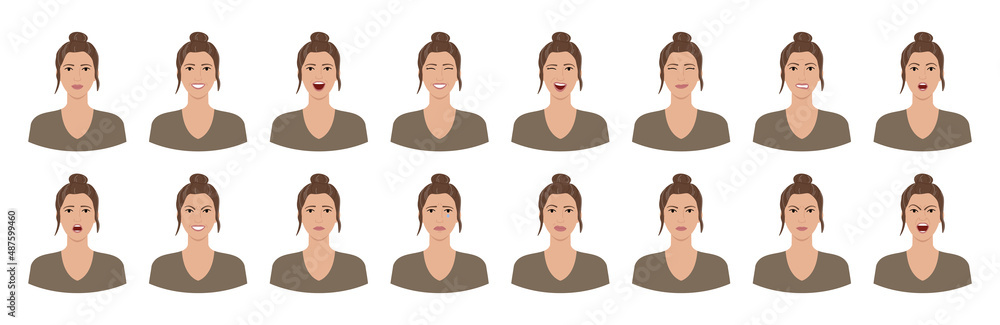Set of emotions of woman with first wrinkles and gray hair. Female facial expressions. Smile, happy, cheerful, surprised, sad, dissatisfied, angry, terrified emotions. Flat vector character. Set of emotions of woman with first wrinkles and gray hair. Female facial expressions. Smile, happy, cheerful, surprised, sad, dissatisfied, angry, terrified emotions. Flat vector character.
