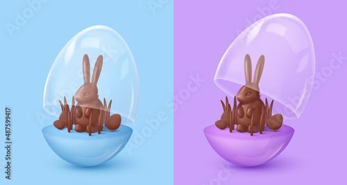 Opened glossy blue and purple egg case, box with glass dome and chocolate rabbit, bunny, grass, eggs. Happy Easter poster. Vector illustration for card, party, design, flyer, banner, web, advertising.
