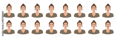 Set of emotions of woman with first wrinkles and gray hair. Female facial expressions. Smile, happy, cheerful, surprised, sad, dissatisfied, angry, terrified emotions. Flat vector character.