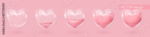 Set of realistic glass hearts with pink liquid with bubbles. Symbol of love. Vector illustration for card, party, design, flyer, poster, banner, web, advertising.