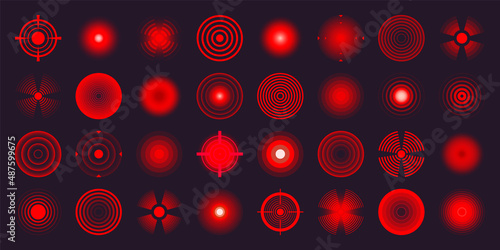 Thermal, night vision scope. Crosshair, gun sight vector icons. Bullseye, target or aim symbol. Military rifle scope, shooting mark sign. Targeting, aiming for a shot. Red radar waves, circles