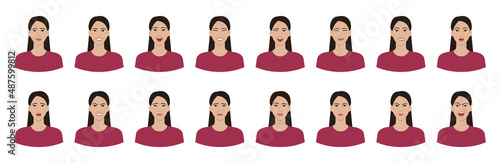 Set of Asian woman emotions. Variations of female facial expressions. Smile, happy, cheerful, surprised, sad, dissatisfied, angry, terrified emotions. Flat vector character isolated on white.