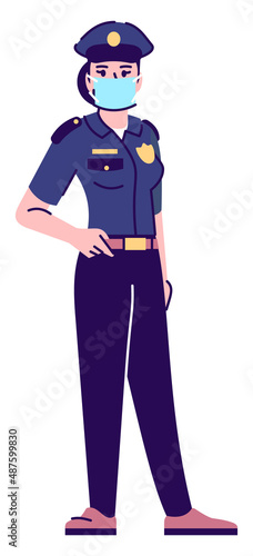Law enforcement protection semi flat RGB color vector illustration. Posing figure. Preventative measures. Female police officer wearing face mask isolated cartoon character on white background