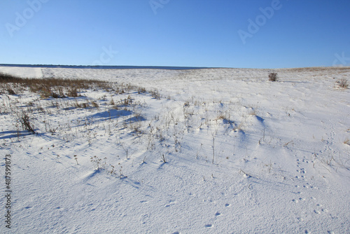 Snow field under blue sky, footprints in the snow © Omelia