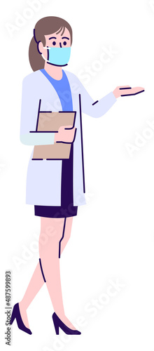 Administrative tasks semi flat RGB color vector illustration. Posing figure. Preventative measures. Female medical receptionist wearing face mask isolated cartoon character on white background
