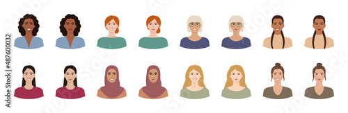 Set of women with different hairstyles, skin colors, races, ages. Diverse portraits of smiling, dissatisfied women. Variations of female facial expressions. Flat vector illustration.