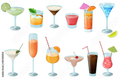 Cocktail set.Alcoholic beverages in glasses and glasses.Daiquiri, martini, margarita, cosmopolitan, Long Island, blue lagoon and Pina colada.Vector illustration.