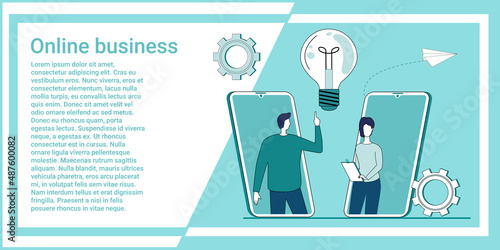 Online business.People solve business problems using an Internet connection.The concept of modern technologies.An illustration in the style of a green landing page.