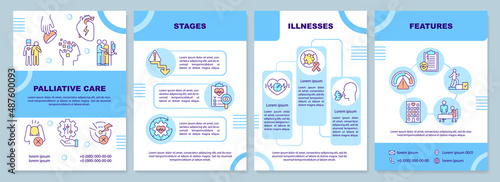Palliative care for patients blue brochure template. Hospice service. Leaflet design with linear icons. 4 vector layouts for presentation, annual reports. Arial-Black, Myriad Pro-Regular fonts used