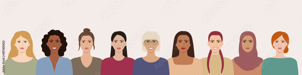 Women with different hairstyles, skin colors, races, ages stand together. Diverse portraits of smiling women. Female empowerment. Girl power. Flat vector illustration. Women with different hairstyles, skin colors, races, ages stand together. Diverse portraits of smiling women. Female empowerment. Girl power. Flat vector illustration.
