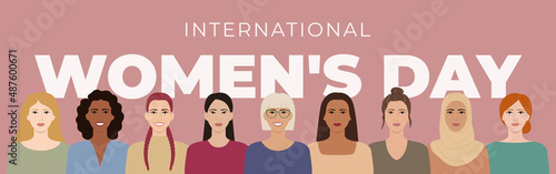 Women with different hairstyles, skin colors, races, ages stand together. Diverse portraits of smiling women. Female empowerment. Girl power. Flat vector illustration.