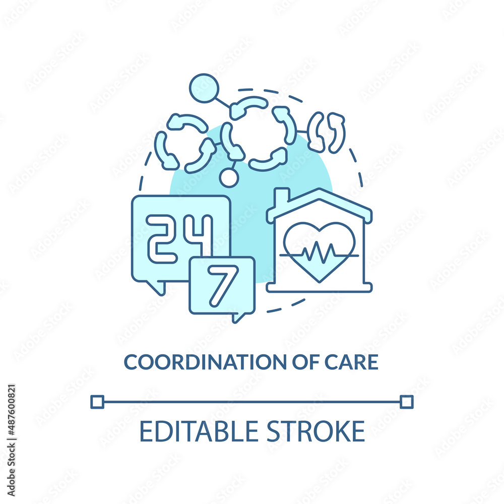 Coordination of care turquoise concept icon. Continual help. Hospice service abstract idea thin line illustration. Isolated outline drawing. Editable stroke. Arial, Myriad Pro-Bold fonts used Coordination of care turquoise concept icon. Continual help. Hospice service abstract idea thin line illustration. Isolated outline drawing. Editable stroke. Arial, Myriad Pro-Bold fonts used