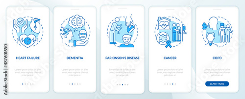 Illnesses to ask for palliative care blue onboarding mobile app screen. Walkthrough 5 steps graphic instructions pages with linear concepts. UI, UX, GUI template. Myriad Pro-Bold, Regular fonts used