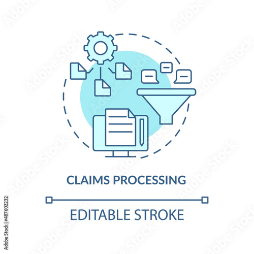 Claims processing turquoise concept icon. Examples of automation in business abstract idea thin line illustration. Isolated outline drawing. Editable stroke. Arial, Myriad Pro-Bold fonts used