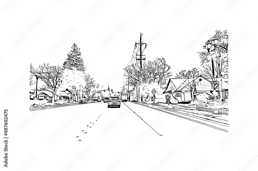 Fototapeta premium Building view with landmark of Merced is the city in California. Hand drawn sketch illustration in vector.