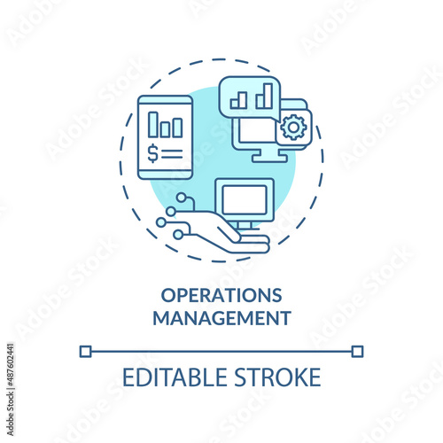Operations management turquoise concept icon. Examples of automation in business abstract idea thin line illustration. Isolated outline drawing. Editable stroke. Arial, Myriad Pro-Bold fonts used