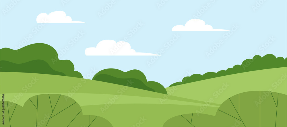 Obraz premium Summer landscape of nature. Panorama with green forests, fields and blue sky with clouds. Rural scener. Flat vector illustration