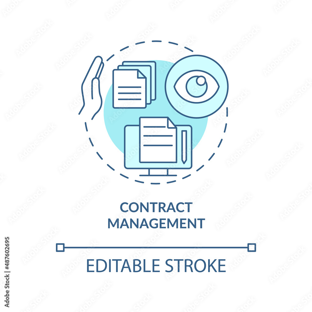 Contract management turquoise concept icon. Examples of automation in business abstract idea thin line illustration. Isolated outline drawing. Editable stroke. Arial, Myriad Pro-Bold fonts used Contract management turquoise concept icon. Examples of automation in business abstract idea thin line illustration. Isolated outline drawing. Editable stroke. Arial, Myriad Pro-Bold fonts used