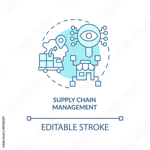 Supply chain management turquoise concept icon. Examples of automation in business abstract idea thin line illustration. Isolated outline drawing. Editable stroke. Arial, Myriad Pro-Bold fonts used