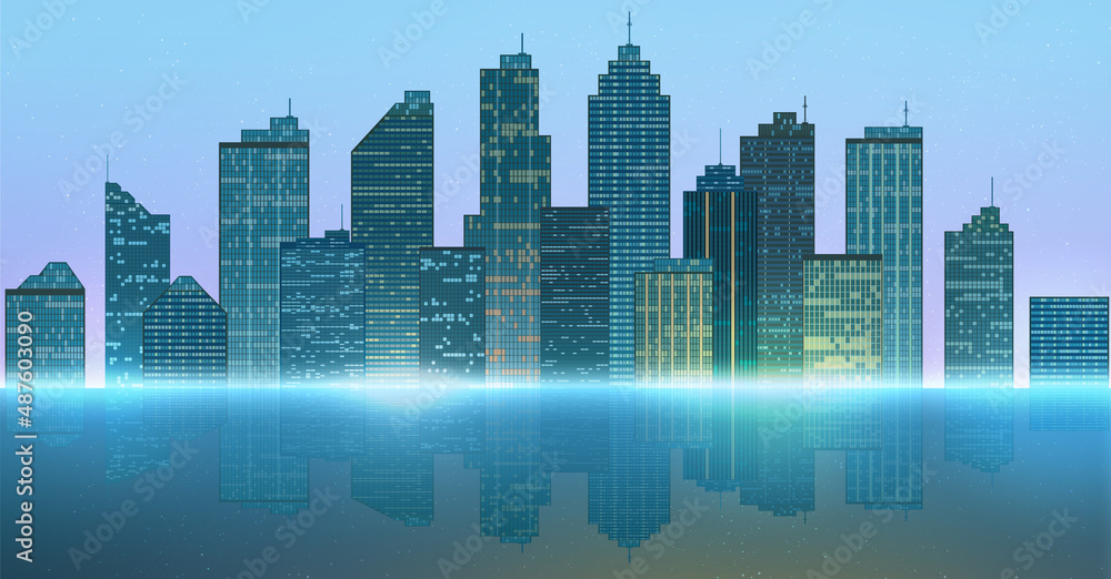 City building illustration skyscrapers reflected in water