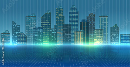 City buildings reflected in water illustration geometric horizon grid © pil