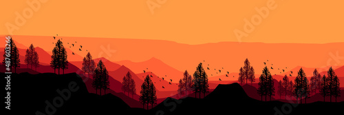 mountain with tree silhouette flat design vector illustration good for web banner, blog banner, wallpaper, background template, adventure design, tourism poster design, backdrop design